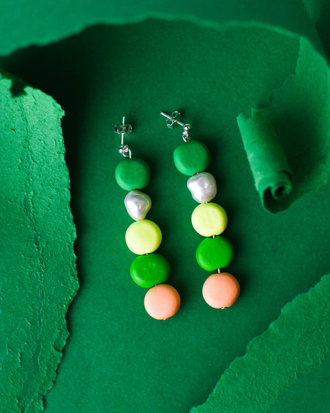 Apricot and Emerald Beaded Pearl Drop Earrings