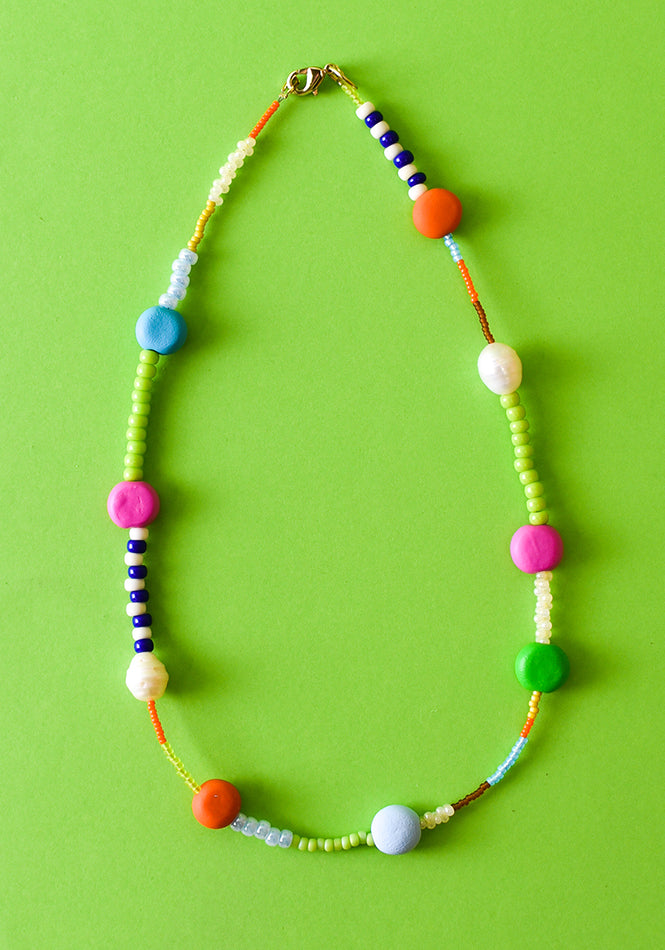 Glass and Clay Necklace in Raspberry and Lime