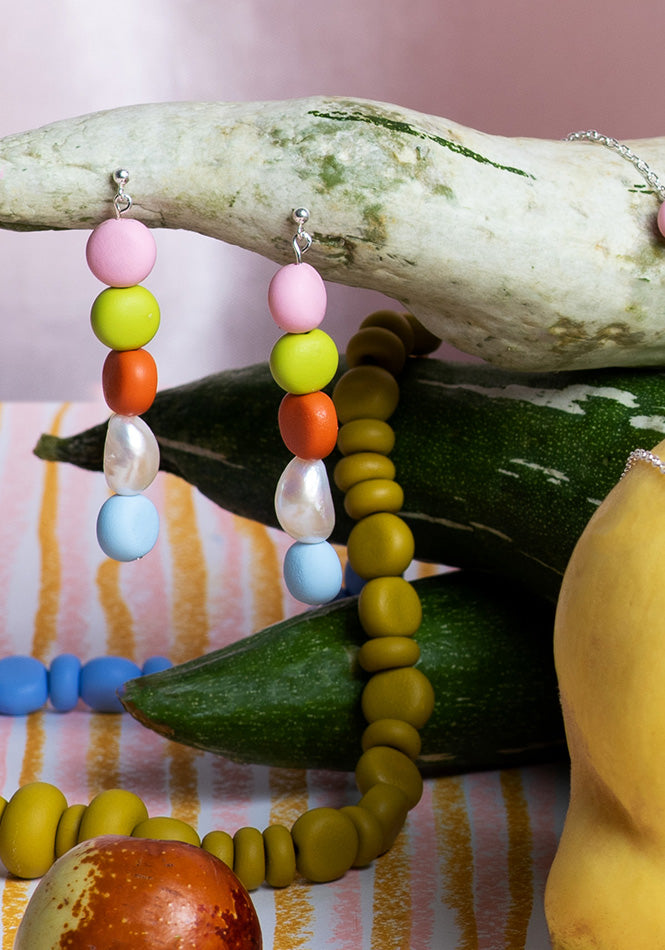 Splits Beaded Pearl Drop Earrings - Caramel, Powder Blue and Wasabi