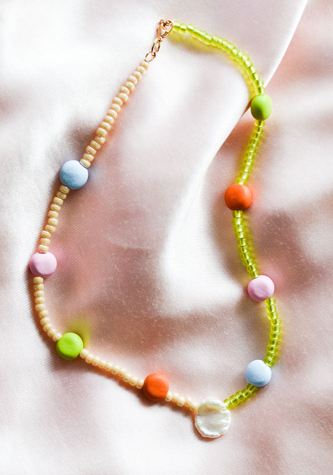 Splits - Glass and Clay Necklace in Champagne, Wasabi and Powder Blue