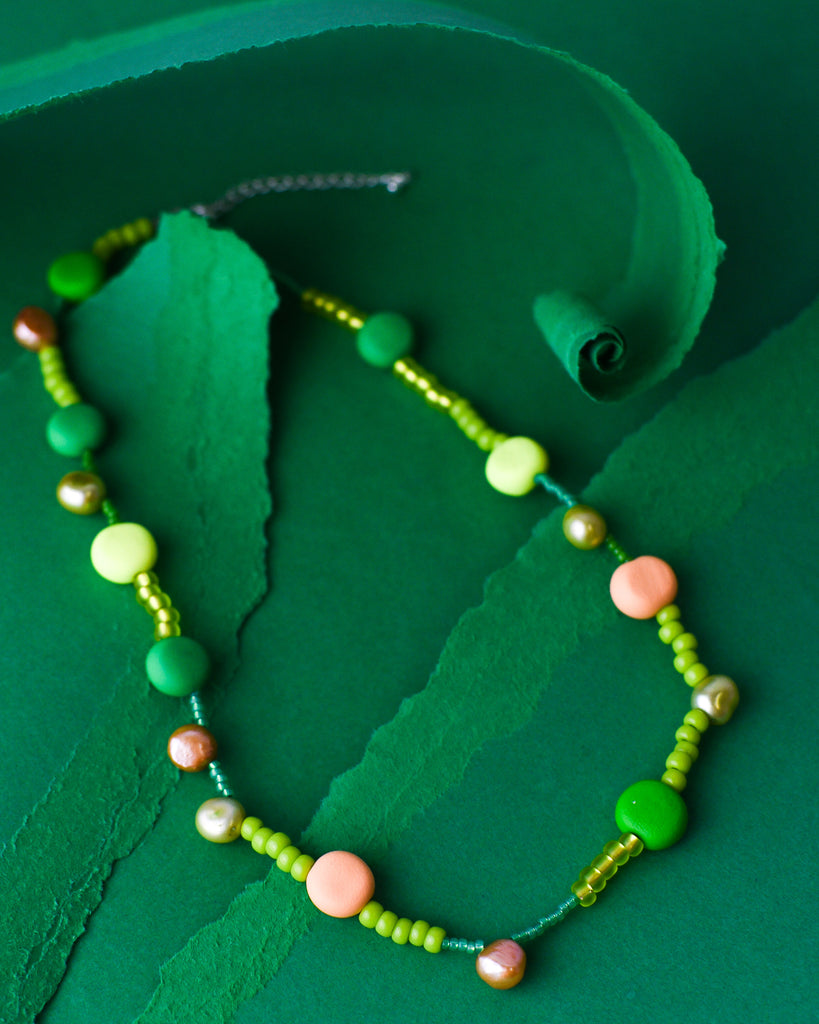 Glass + Clay Necklace in Apricot and Emerald