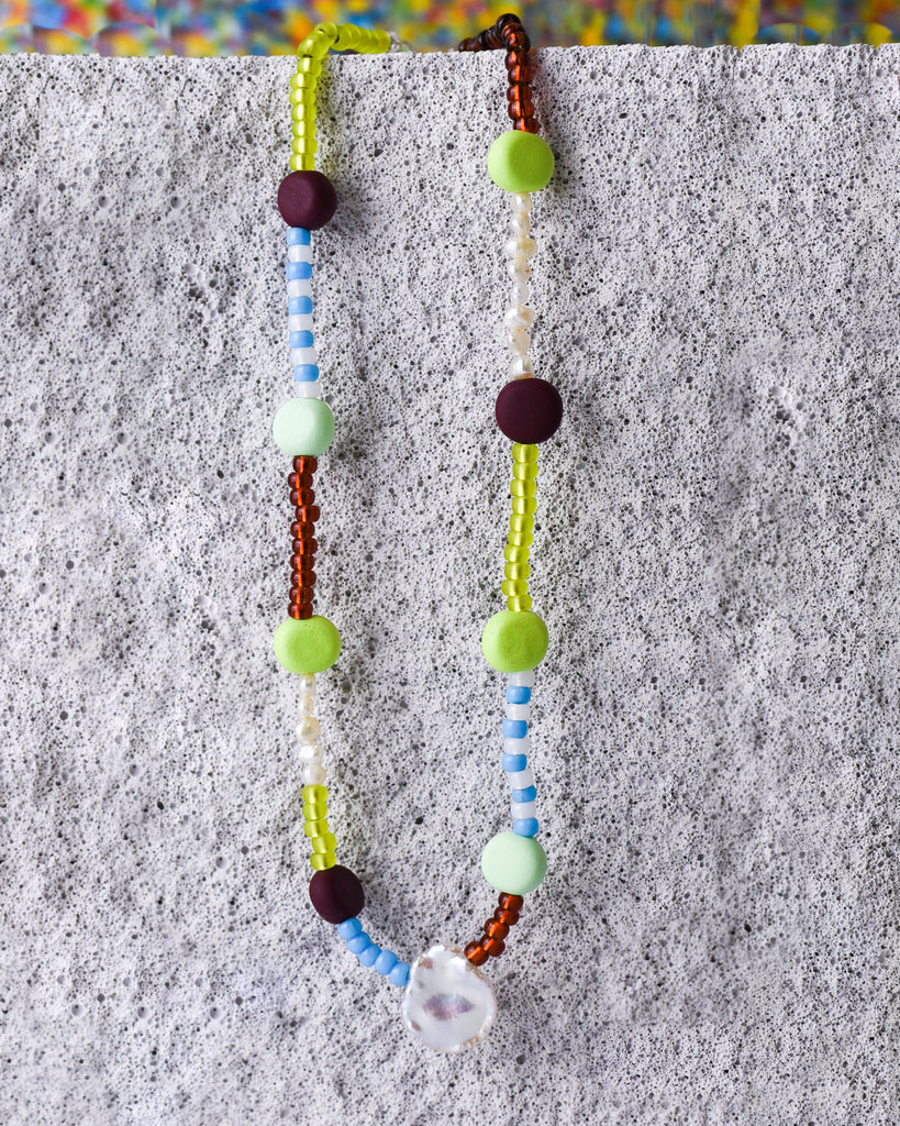 Glass + Clay Necklace in Aqua, Lime and Grape