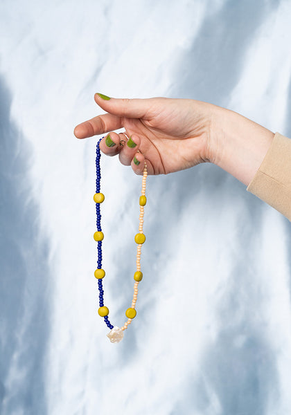 Splits - Glass and Clay Necklace in Cobalt, Mustard and Champagne
